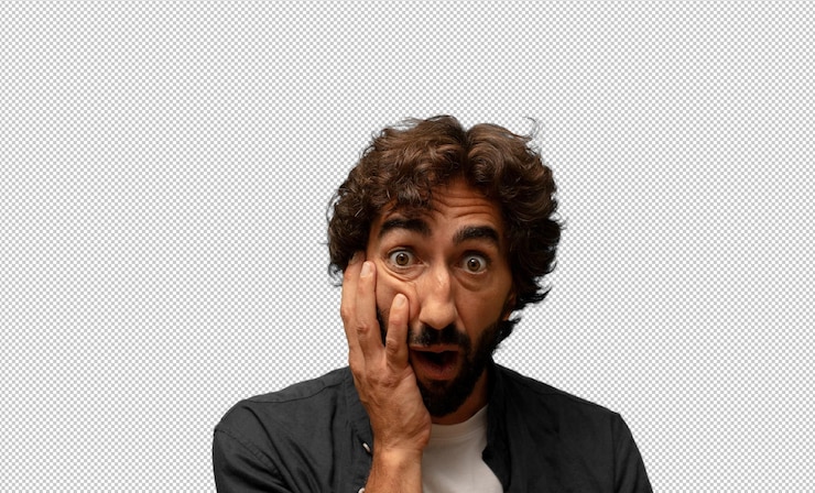 Free PSD openmouthed in shock and disbelief with hand on cheek and arm crossed feeling stupefied and amazed