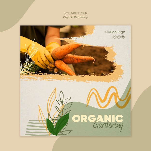 Organic gardening square flyer template with photo