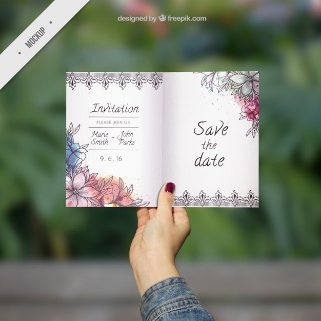 Ornamental wedding invitation mockup with watercolor flowers