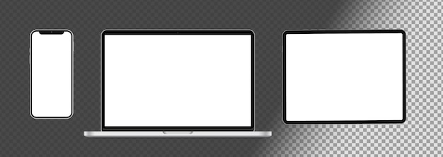 Confezione di tablet, laptop e smartphone isolati su superficie trasparente