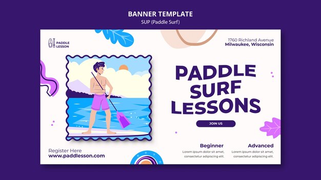 Paddle surf horizontal banner template with abstract shapes