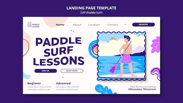 PSD gratuito modello di pagina di destinazione per paddle surf con forme astratte