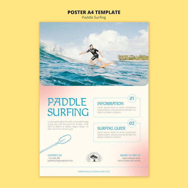 Бесплатный PSD Вертикальный плакат для серфинга с веслом