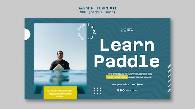 Paddleboard surfing lessons horizontal banner template