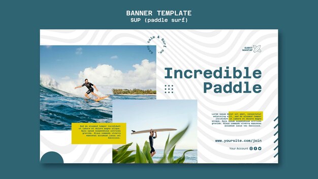 Paddleboard surfing lessons horizontal banner template