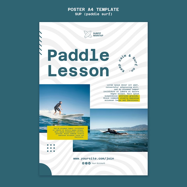 PSD gratuito modello di poster verticale per lezioni di surf paddleboard