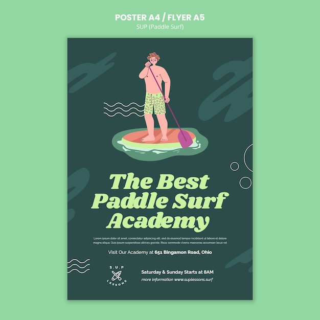 PSD gratuito modello di poster verticale per lezioni di paddleboarding