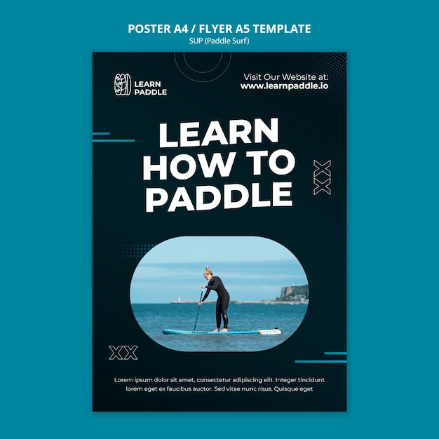 Modello di poster verticale per lezioni di paddleboarding