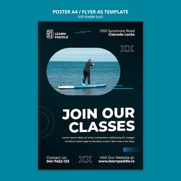 Modello di poster verticale per lezioni di paddleboarding