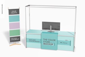 Free PSD paint shop counter mockup wiht banner