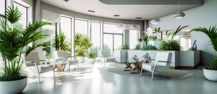 Free PSD panorama of a bright reception and waiting room in a clinic with desk generative ai
