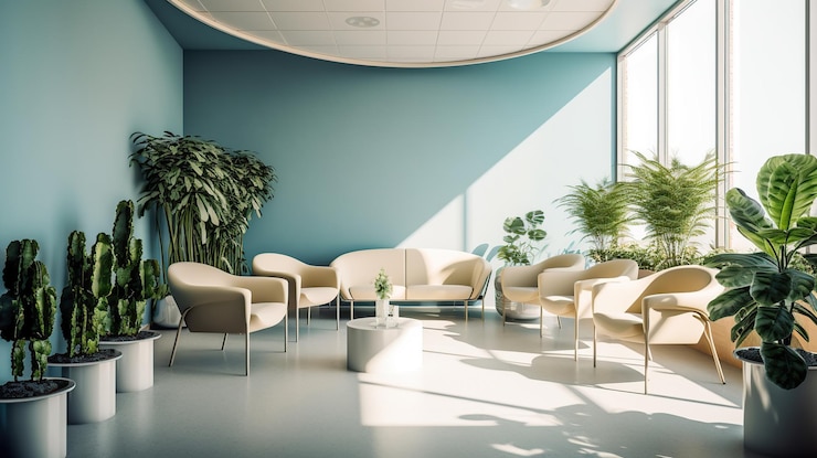 Free PSD panorama of a bright reception and waiting room in a clinic with desk generative ai