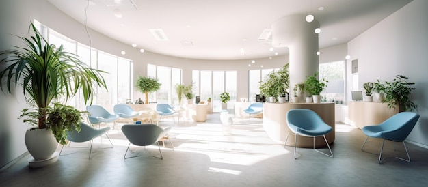 Free PSD panorama of a bright reception and waiting room in a clinic with desk generative ai