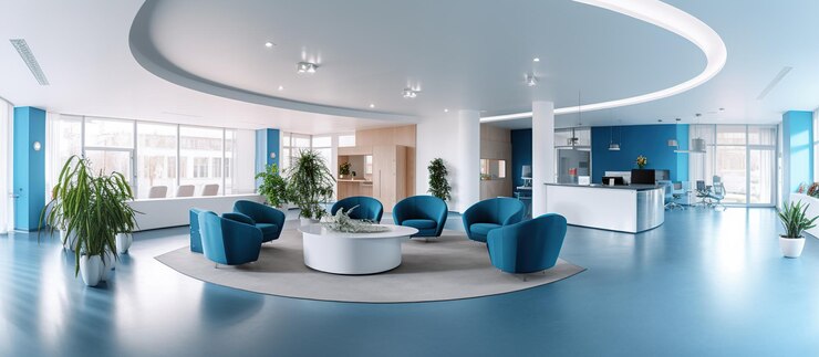 Free PSD panorama of a bright reception and waiting room in a clinic with desk generative ai