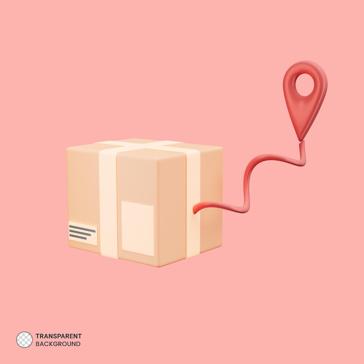 Free PSD paper box of parcels with map pin icon isolated 3d render illustration