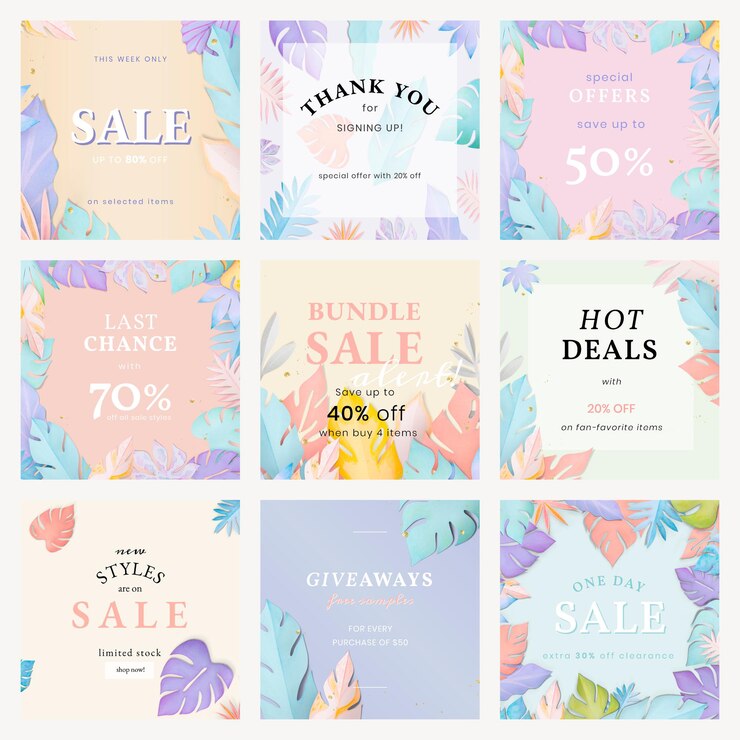 Free PSD paper craft leaf template psd in summer tone for social media post set