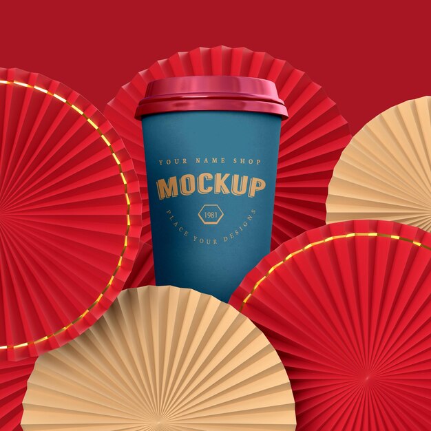 Paper fan medallion as chinese new year decoration with cup mockup