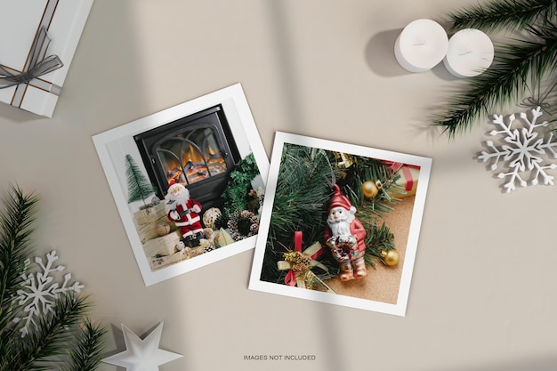 크리스마스 장식과 소나무 잎 모형이 있는 논문 사진 프레임