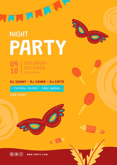 Free PSD party vertical poster template with leaves and masks