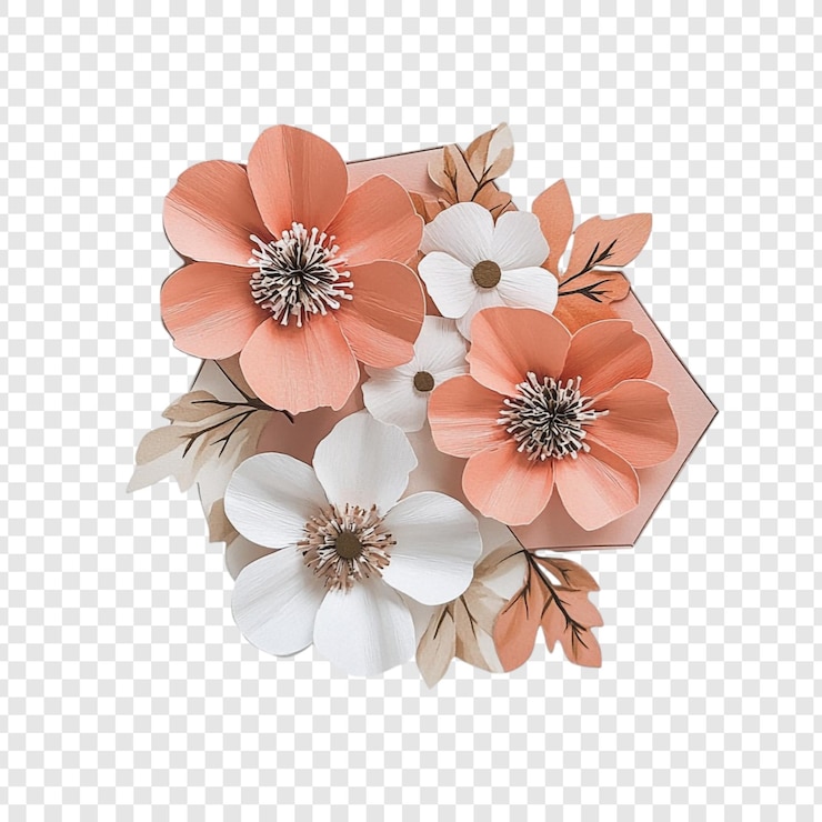 無料PSD 桃と白い紙の花束