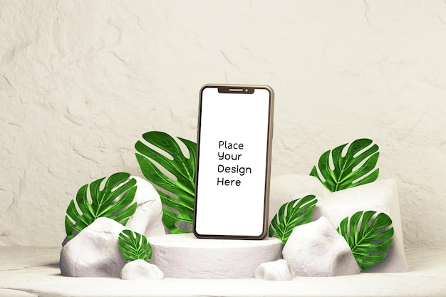 Pedestal mock up for modern smartphone with tropical leaves.digital marketing, social advertising, backdrop for product display, 3d rendering