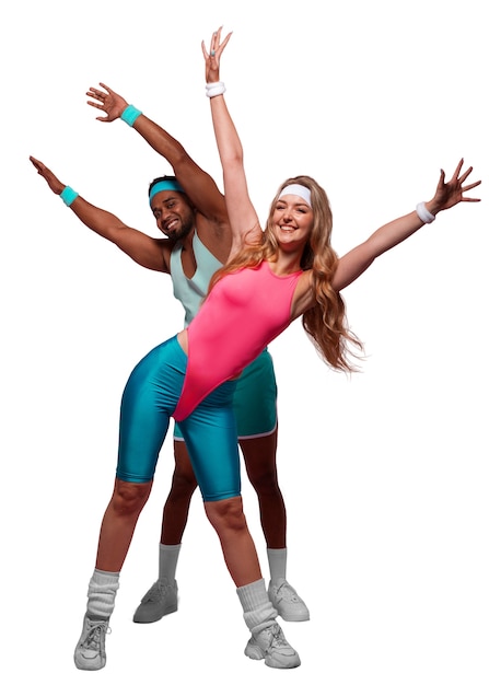 People working out in 80s gym costume