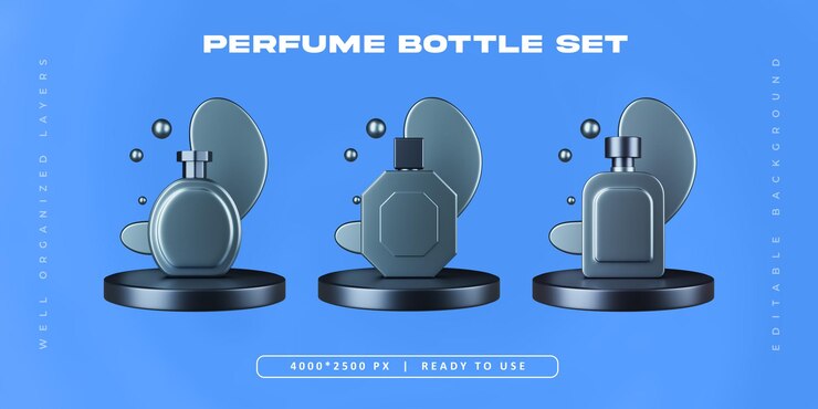 無料PSD 香水スプレーボトル オブジェクトセット 孤立した3dレンダリングイラスト