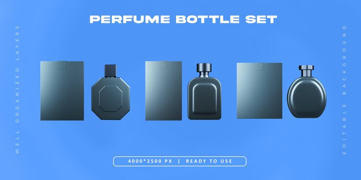 無料PSD 香水スプレーボトル オブジェクトセット 孤立した3dレンダリングイラスト