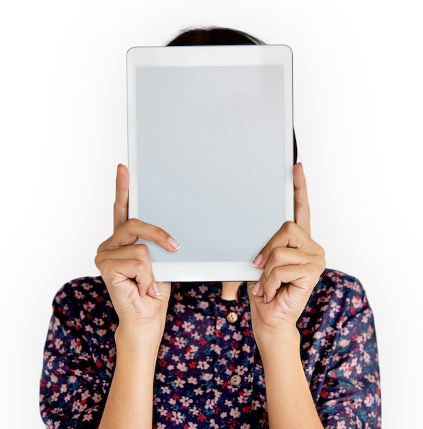 Person holding tablet face concept