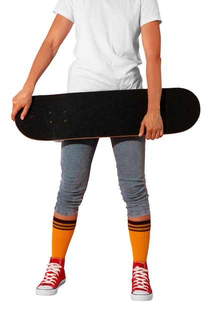 Free PSD person with skateboard and shoes