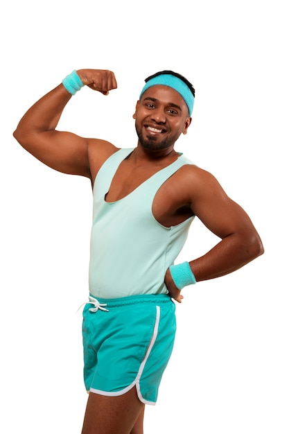 Free PSD person working out in 80s gym costume