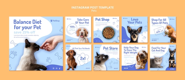 PSD gratuito collezione di post di instagram per negozi di alimenti per animali domestici