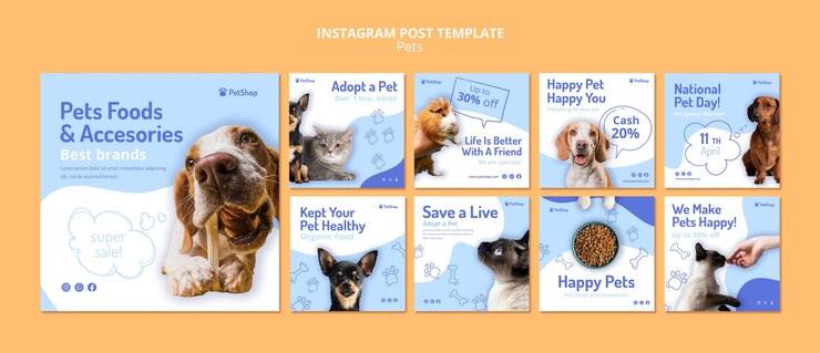 Бесплатный PSD коллекция постов в instagram для магазина кормов для домашних животных