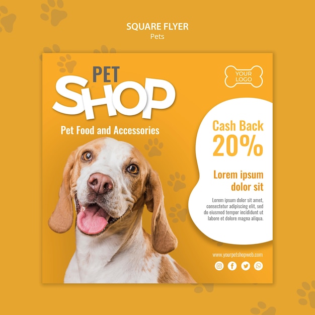 Pet shop square flyer template with photo