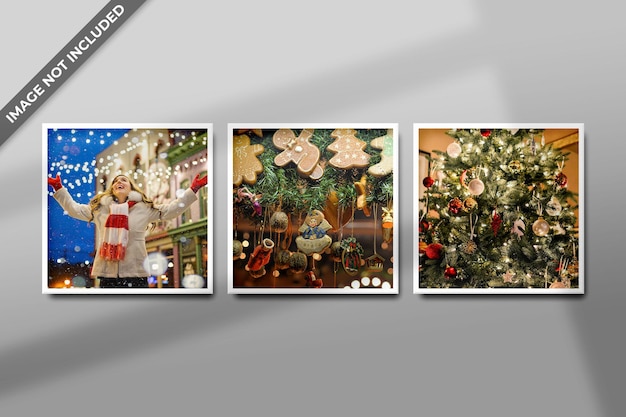 Photo frame polaroid template christmas and new year mockup psd with shadow Premium Psd