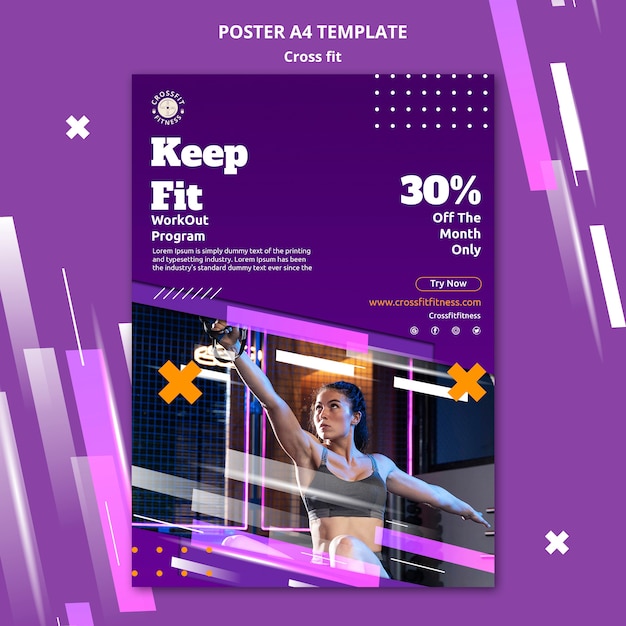 Free PSD physical exercise classes vertical poster template with geometric shapes