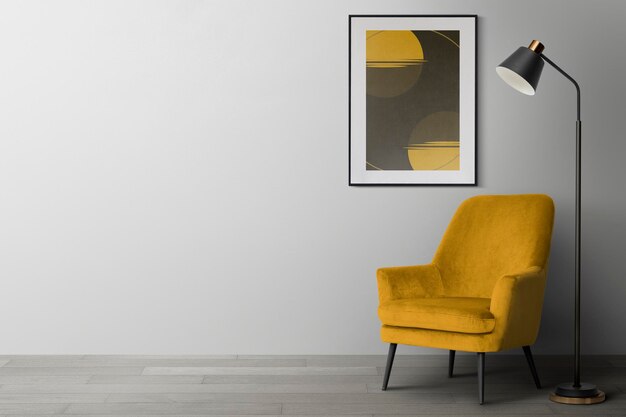 Free PSD picture frame mockup psd hanging in modern living room home decor interior