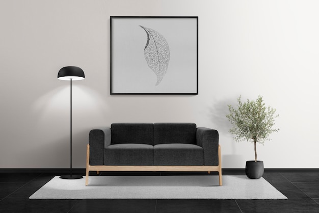 Free PSD picture frame mockup psd hanging in a modern living room