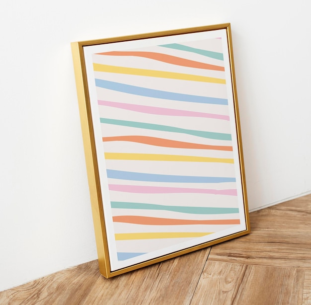 Picture Frame Mockup On Wooden Floor With Pastel Stripes