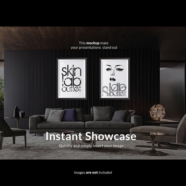 無料PSD リビングルームの壁画をモックアップする