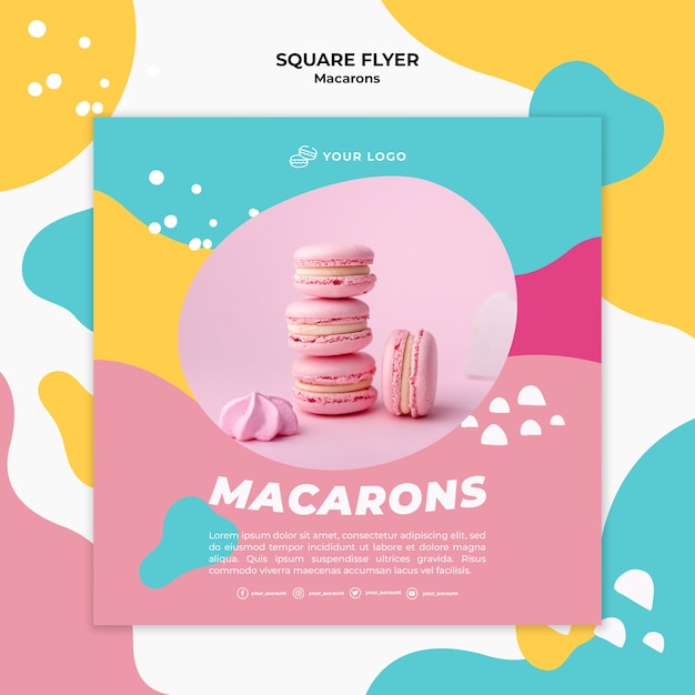 Бесплатный PSD Куча розовых macarons квадратный флаер шаблон