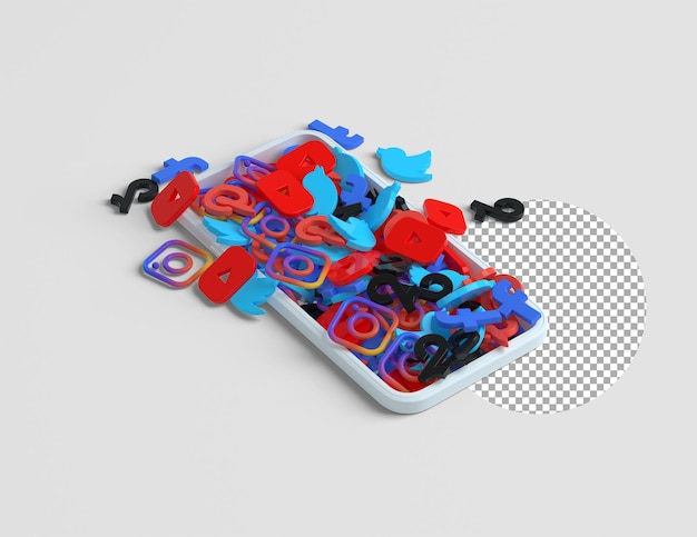 Pile of popular 3d Social Media Icons Coming Out of Phone