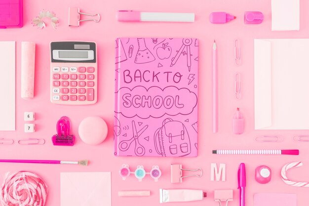 Pink back to school mockup with notebook cover