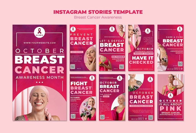 PSD gratuito raccolta di storie su instagram per la consapevolezza del cancro al seno rosa