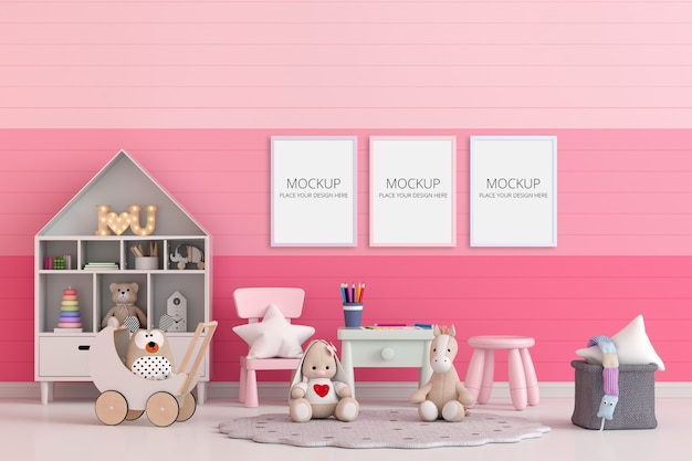 Розовая детская комната с рамным макетом Бесплатные Psd