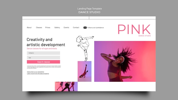 Free PSD pink dance studio classes landing page template