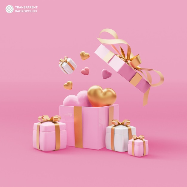 PSD gratuito contenitore di regalo rosa con il rendering 3d dell'icona del cuore di amore