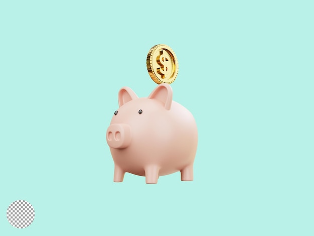 분홍색 돼지 저금통과 미국 달러 동전이 3D 렌더링 기술에 의한 돈 절약 및 예금 개념 창의적인 아이디어를 위해 분홍색 배경에 떨어지는