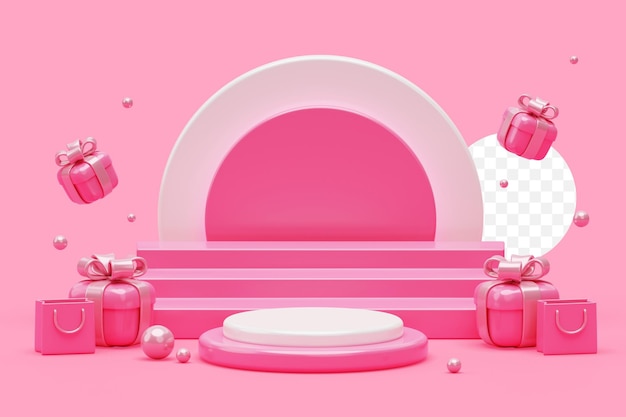 Розовый подиум с подарками и сумками для покупок, баннер мега распродажи, 3d фоновая иллюстрация