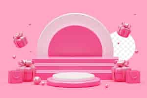 Free PSD pink podium with gift and shopping bag mega sale banner 3d background illustration